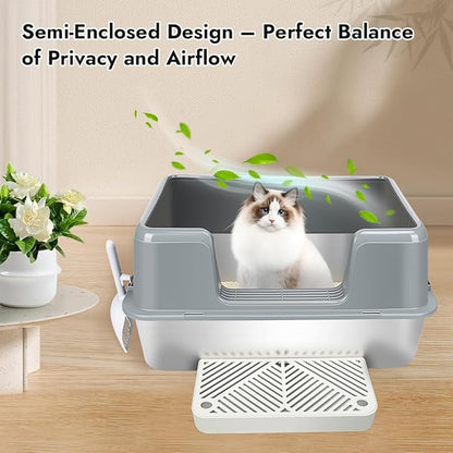 Vivifying XL Stainless Steel Cat Litter Box, High Side Metal Litter Pan with Scoop and Footboard for Big Cats, Kittens, Rabbits and Hamsters, Easy Cleaning Design (Gray)