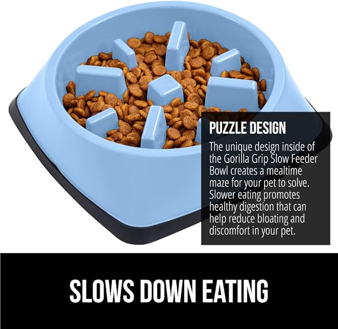 GORILLA GRIP Patented BPA Free Slow Feeder Dog Bowls, 4 Cup Interactive Puzzle Toy for Dogs and Cats Food Training Enrichment, Keeps Pets Busy and Prevents Puppy Overeating, Large Breeds, Light Blue