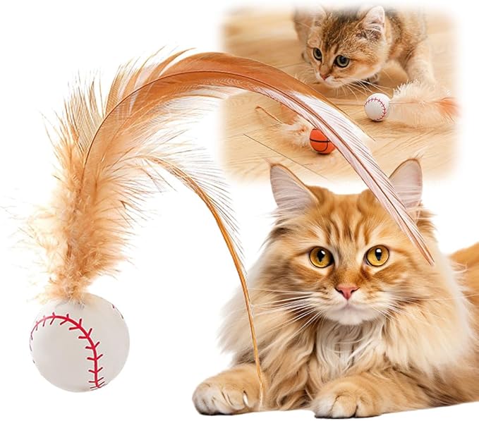 Interactive Feather Ball Toy Set for Cats, 2025 New Rolling Cat Toy with Elastic Spring Base & Soft Silicone Feathers for Indoor Cats/Kittens, Exercise & Training Stimulating Toys (Baseball)