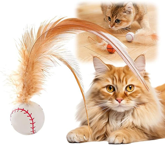 Interactive Feather Ball Toy Set for Cats, 2025 New Rolling Cat Toy with Elastic Spring Base & Soft Silicone Feathers for Indoor Cats/Kittens, Exercise & Training Stimulating Toys (Baseball)