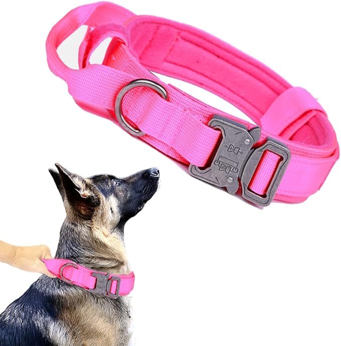 Xqpetlihai Tactical Dog Collar Adjustable Military Nylon Dog Collar with Control Handle and Heavy Duty Metal Buckle for Medium and Large Dogs (Pink,M)