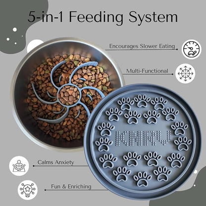 Stainless Steel Slow Feeder Dog Bowl for Large Dogs | 64 oz, Non-Slip Base with Textured Lick Mat Lid & Silicone Slow Feeder Insert – Deep Anti-Gulp Metal Puzzle Bowl for Large Breeds (Steel Gray)