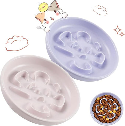 Cat Slow Feeder Bowl Set - 2 Pcs Pastel Series Cat Plate for Dry and Wet Food - Cute Maze Feeder Dish for Healthy Eating- Slow Feeding Bowls Whisker Friendly - Dishwasher Safe(Blue and Pink)