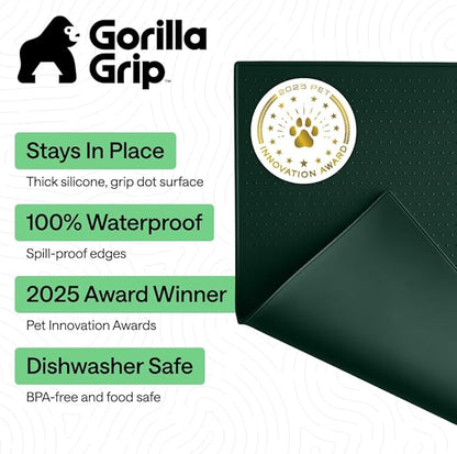 GORILLA GRIP 100% Waterproof Raised Edge BPA Free Silicone Pet Feeding Mat, Dog Cat Food Mats Contain Spills Protects Floors, Placemats for Cats and Dogs Water Bowl, Pets Accessories 28x18 Green