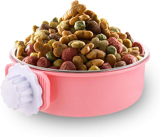 Crate Dog Bowl Removable Stainless Steel Water Food Feeder Bowls Cage Coop Cup for Cat Puppy Bird Pets (Large, Pink)