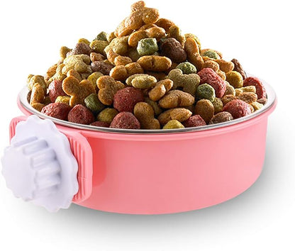 Crate Dog Bowl Removable Stainless Steel Water Food Feeder Bowls Cage Coop Cup for Cat Puppy Bird Pets (Large, Pink)