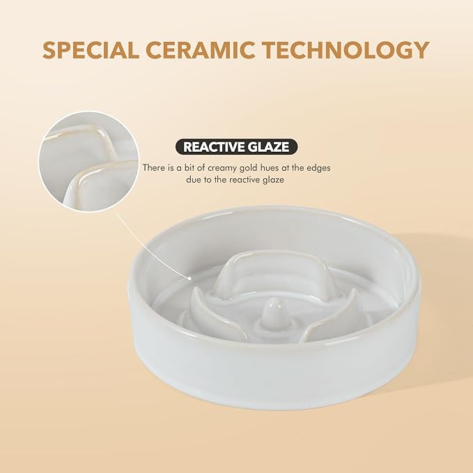 Ceramic 0.9 Cup Raised Slow Feeder Dog Bowl Set, Elevated 6.1inch Water Bowl and 6.1inch Slow Dish with Acacia Wood Stand for Small Dogs (2 x Reactived Glaze -White+ Stand)