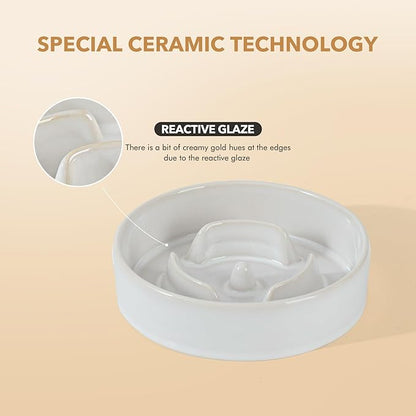 Ceramic 0.9 Cup Raised Slow Feeder Dog Bowl Set, Elevated 6.1inch Water Bowl and 6.1inch Slow Dish with Acacia Wood Stand for Small Dogs (2 x Reactived Glaze -White+ Stand)