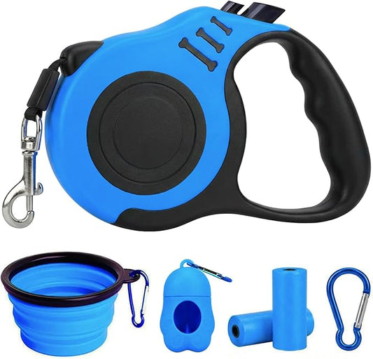 PETIMP Retractable Dog Leash Lightweight 16FT Leash Claw Print, with Folding Bowl,Dispenser,Rubbish Bags, for Small Medium Dogs(Blue)