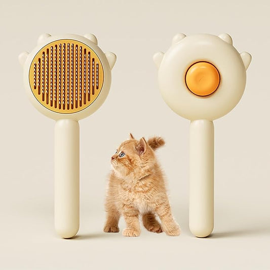 Cat Brush for Shedding, Self-Cleaning Hair Brush with Release Button for Indoor Cats, Soft Silicone Grooming Comb for Long and Short Haired Cats, Cute & Effective Pet Hair Remover Tool, Yellow