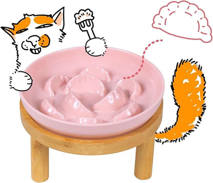 Slow Feeder Bowl, 6.3″ Elevated Cat Bowl with Stand, Melamine Wide Shallow Food Bowl, Whisker-Friendly Raised Plate, Wet Food Feeder for Slow Eating (Pink)