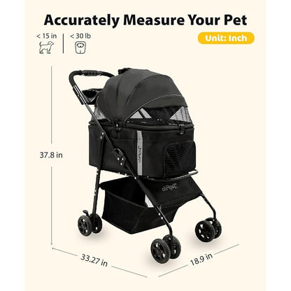 Pet Stroller with Removable Carrier, 3 in 1 Stroller for Dogs, Pet One-Click Foldable Pet Stroller with 4 Wheel, Small Dog Stroller Holds up to 33 lbs, Cup Holder, Cat Stroller, Black