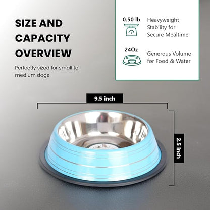 Iconic Pet Color Splash Stripe Non-Skid Stainless Steel Dog & Cat Bowl - Blue, 24 Oz, 3 Cup, Durable, Easy to Clean, Anti-Slip Feeding Dish for Food & Water, Stylish Design for Dogs and Cats