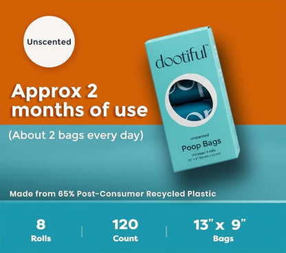 Dog Poop Bags - 120 Unscented Bag, 65% Recycled Materials, Tear Resistant Pet Bags for Poop - 8 Rolls, 100% Leak Proof - Extra Thick, Eco-Friendly Doggie Waste Bags for Hassle-Free Cleanup - Outdoor