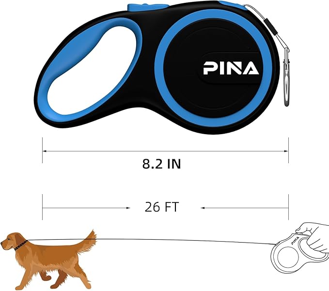 PINA Retractable Dog Leash, 26ft Dog Leash for Small Medium Large Dogs Up to 110lbs, 360° Tangle-Free Strong Reflective Nylon Tape, with Anti-Slip Handle, One-Handed Brake, Lock - Black Blue