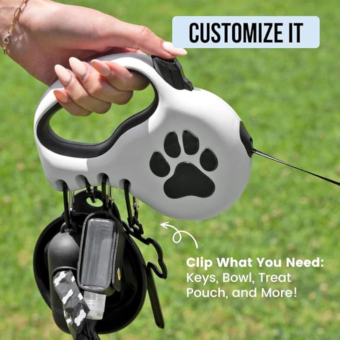 Award-Winning Retractable Dog Leash for Small and Medium Dogs (Max 55 lbs), Clip & Go System with Reflective Tape and Ergonomic Handle, Includes Clips, Poop Bag Holder and Dispenser, White