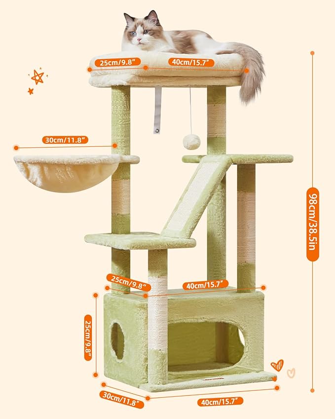 Taoqimiao Cat Tree,38.5-Inch Cat Tower for Indoor Cats,Suitable for Kittens with Luxurious cat condo with Adjustable Baskets and Luxurious Perch MS029SGB Green and Beige
