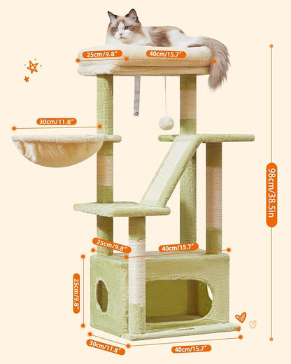 Taoqimiao Cat Tree,38.5-Inch Cat Tower for Indoor Cats,Suitable for Kittens with Luxurious cat condo with Adjustable Baskets and Luxurious Perch MS029SGB Green and Beige