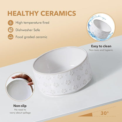 Ceramic 8.2inch Raised Double-Bowl Set with Acacia Wooden Stand, Food & Water Bowls for Large Breed Dogs, Weighted Dog Dishes, Pet Bowl (60 oz)