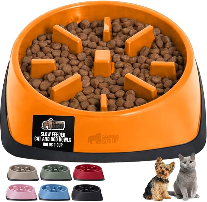 GORILLA GRIP Patented BPA Free Slow Feeder Dog Bowls, Interactive Puzzle Toy for Dogs and Cats Food Training Enrichment, Keeps Pets Busy and Prevents Puppy Overeating, Small Breeds, 1 Cup, Orange