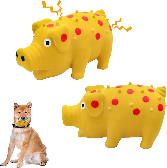 WishLotus Natural Latex Dog Squeaky Toy, Pig-Shaped Dog Chew Toys for Teeth Cleaning, Mini Puppy Chew Toy for Small Dogs to Relieve Stress and Reduce Boredom (Yellow,2pcs)