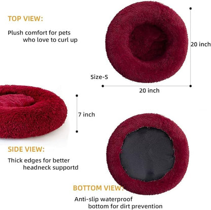 Cat Beds for Indoor Cats - Cat Bed Washable 20/24 inches, Dog Beds for Small Medium Dogs, Anti Anxiety Round Fluffy Plush Faux Fur Cat Bed, Thick Bottom (Red, Medium)