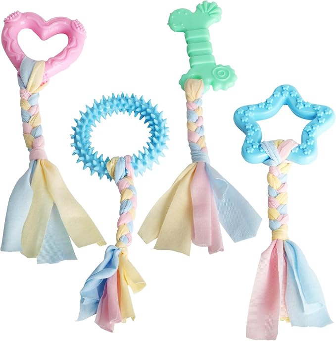 4 PCS Chew Toys for Teething, Soft Rubber Puppy Chew Toys, Puppy Teething Ring, Rope Dog Toys, Funny Interactive Toy for 2-8 Months Teething Small Dogs