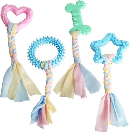 4 PCS Chew Toys for Teething, Soft Rubber Puppy Chew Toys, Puppy Teething Ring, Rope Dog Toys, Funny Interactive Toy for 2-8 Months Teething Small Dogs
