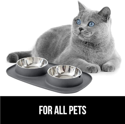 GORILLA GRIP Feeding Mat Bowl Set, 4 Cup 100% Waterproof BPA Free Silicone Base, 304 Stainless Steel Cat and Dog Bowls for Food and Water, Slip Resistant, High Edge, US Designed, Patent Pending, Gray