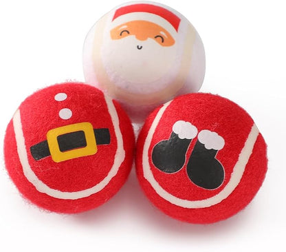 LUCKITTY 3 Packs Christmas Dog Tennis Balls Interactive Toy Puppy for Small Medium Dogs Training Playing- Santa Claus Patterns 2.5 Inch