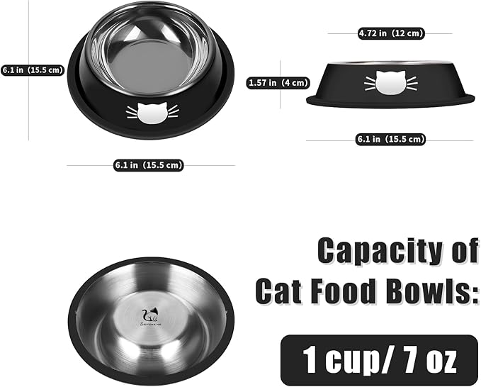 Serentive 2 Pcs Non-Slip Stainless Steel Small Food Bowls - Unbreakable, Thicken Cat Feeder, 7 Oz Dishes - Suitable for Indoor Small Pets - Removable Rubber Base, Easily Clean, Lovely Color