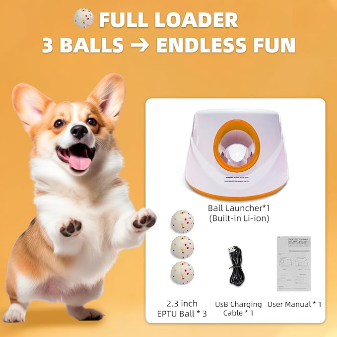Automatic Dog Ball Launcher-Small Silent Dog Ball Thrower, 3 Adjustable Distances (20ft/33ft/46ft), Rechargable,Includes 3 Durable 2.3" Balls for Small/Medium Dogs (Orange, Medium)