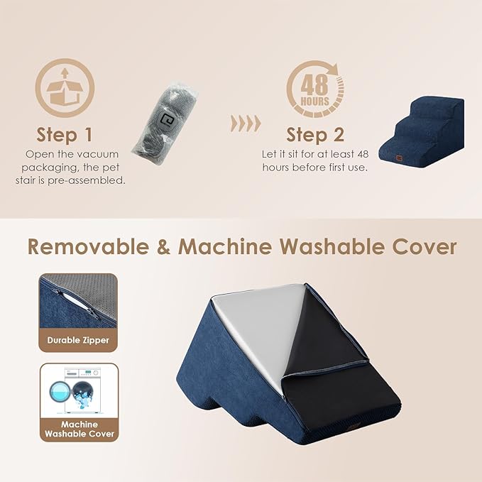 EHEYCIGA Curved Dog Stairs Ramp for Small Dogs 15.7" H, 3-Step Dog Steps for Couch Sofa and Chair, Pet Stairs for Cats, Non-Slip Balanced Pet Steps Indoor, Navy