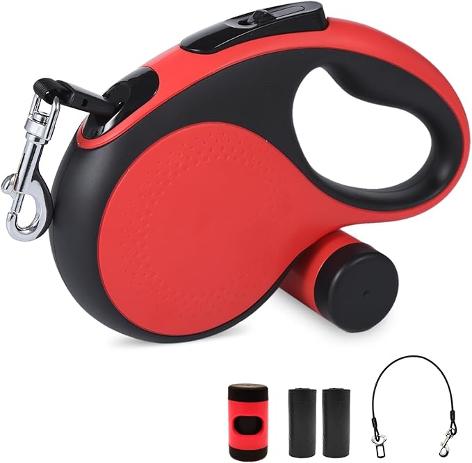 26Ft Retractable Dog Leash with Chew Proof Cable,Heavy Duty Dog Leash with Removable Poop Bags for Medium Large Dogs up to 110lbs,Strong Nylon Tape No Tangle,One-Handed Brake (Red)