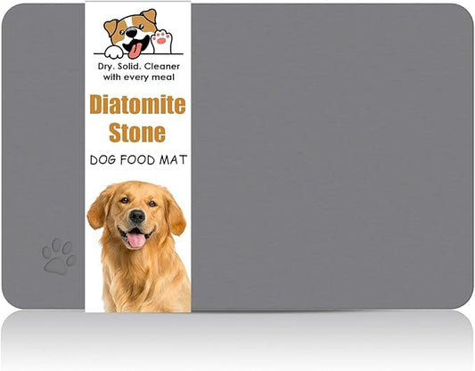 Newest Diatomite Stone Pet Feeding Mat for Dog&Cat–Super Absorbent Diatomite Fast Drying Stone Dog Food Mat, Quick Dry Dog Mats for Food and Water with Non-Slip Pad (24×16'', Dark Gray, Square)