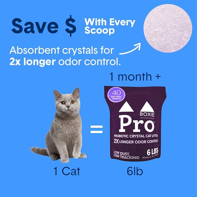 Boxie® Probiotic Unscented Crystal Cat Litter, 40-Day Odor Control, 18lb (3 Pack of 6lb Bags), Non-Clumping, Dust-Free, Lightweight