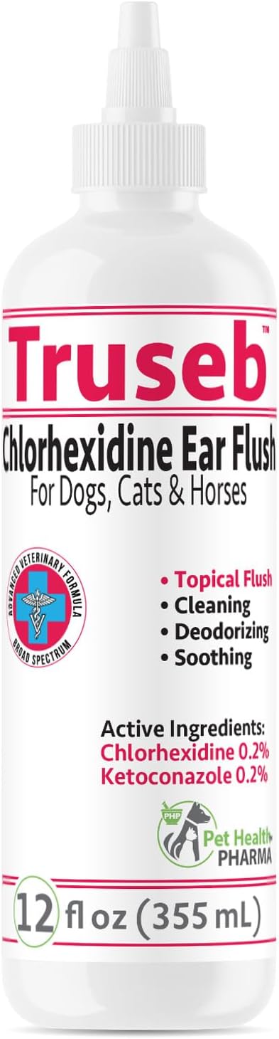 Truseb Maximum Strength Dog Ear Infection Treatment Flush, Cat & Dog Ear Cleaner Solution Medicated with Chlorhexidine & Ketoconazole Helps with Ear Itching Redness Swelling (12 oz)
