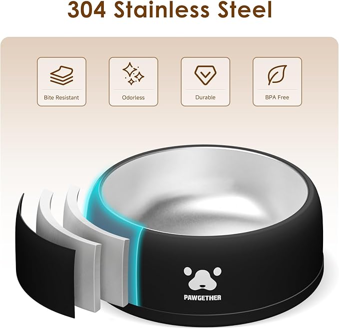 PAWGETHER® Stainless Steel Dog Bowls, Dog Food and Water Bowl Non-Slip Easy to Clean Dishwasher Safe for Puppy Small Medium Dogs Cats Black 34oz