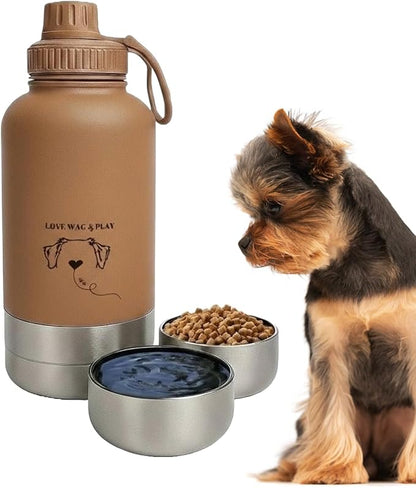 Love Wag & Play Dog Water Bottle with Food Bowls, Portable Stainless Steel Bottle for Dogs, Leakproof Travel Design with Detachable Bowls for Walks, Hikes and Outdoor Adventures (32 oz)