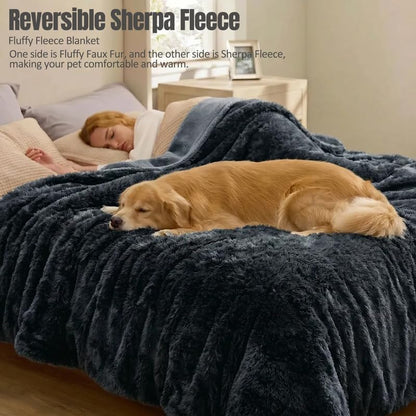 Waterproof Dog Blanket Pet Throw Blankets Fluffy Long Faux Fur Reversible Puppy Blankets 85x57in Furniture Protector Cover for Sofa Bed Couch Bed Cover Washable for Dogs Cats (Grey XL) - Image 3