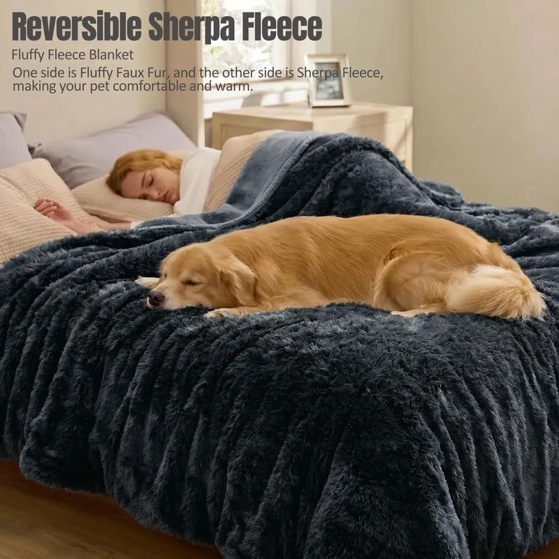Waterproof Dog Blanket Pet Throw Blankets Fluffy Long Faux Fur Reversible Puppy Blankets 65x57in Furniture Protector Cover for Sofa Bed Couch Bed Cover Washable for Dogs Cats (Black L) - Image 3