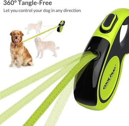 360° Tangle-Free, Heavy Duty Retractable Dog Leash with Anti-Slip Handle; 16 ft Reflective Strong Nylon Tape; for Large Dog or Cat up to 110 lbs; One-Handed Brake, Pause, Lock (Green, Large)