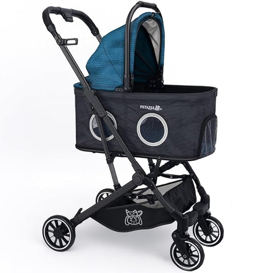 NT Hut WagZee Dog Stroller for Small & Medium Dogs & Cats, Foldable Pet Stroller with 360 Mesh Windows, One-Click Fold, Storage Basket, Cup Holder, Black Teal