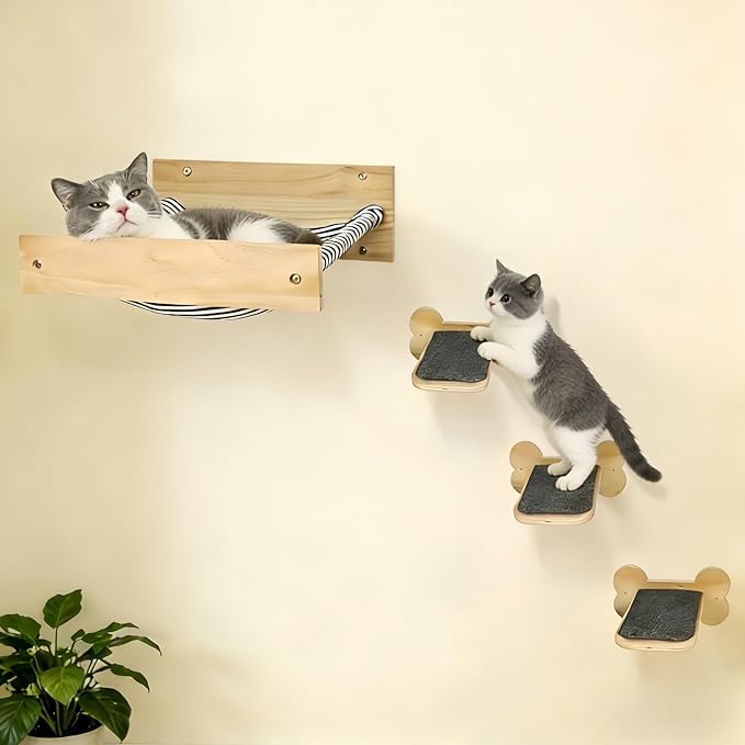 Cat Wall Hammock with 3 Steps, Pine Wood Wall Mounted Kitty Bed & Climbing Shelves up to 30lbs, Cat Furniture for Indoor Sleeping and Playing, Space Saving