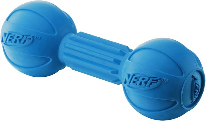 Nerf Dog Chewable Barbell Dog Toy, Lightweight, Durable and Water Resistant, 7.5 Inches, For Medium/Large Breeds, Two Pack, Blue and Green (8953)