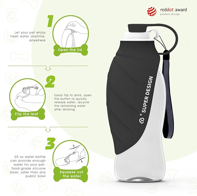 SUPERDESIGN Dog Water Bottle, Portable Dog Water Bottle for Small to Large Dogs, Leak Proof Dog Travel Water Bottle, Small Leaf Travel Water Bowl for Dogs and Dog Walking Accessories (19.6OZ, Black)