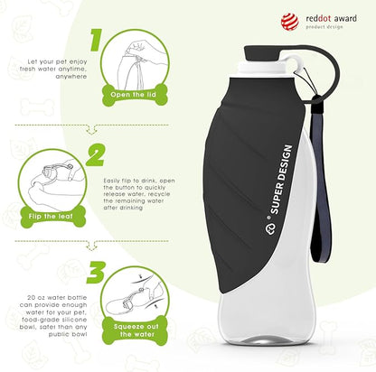 SUPERDESIGN Dog Water Bottle, Portable Dog Water Bottle for Small to Large Dogs, Leak Proof Dog Travel Water Bottle, Small Leaf Travel Water Bowl for Dogs and Dog Walking Accessories (19.6OZ, Black)