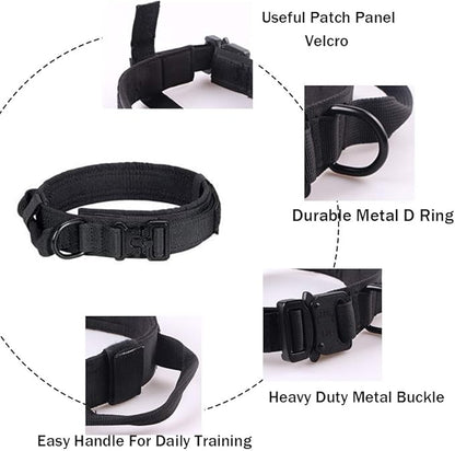 Xqpetlihai Tactical Dog Collar and Leash Set Adjustable Military Nylon Dog Collar with Control Handle and Heavy Duty Metal Buckle for Large Dogs（Black M