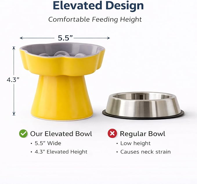 Ceramic Elevated Slow Feeder Cat Bowl, Raised and Gently Tilted Feeding Dish with Maze Design, Whisker-Friendly, Easy to Clean, for Indoor Cats and Small Dogs (Yellow/Purple)
