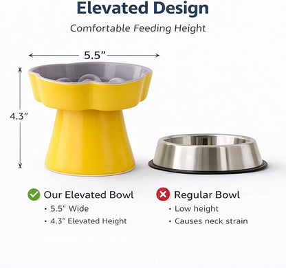 Ceramic Elevated Slow Feeder Cat Bowl, Raised and Gently Tilted Feeding Dish with Maze Design, Whisker-Friendly, Easy to Clean, for Indoor Cats and Small Dogs (Yellow/Purple)